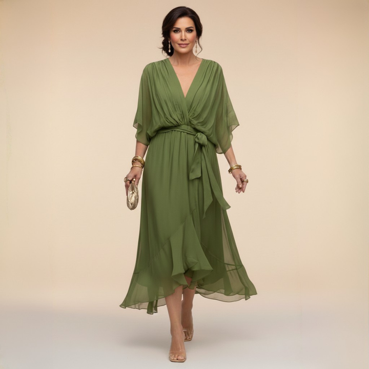 Model wearing the green belted v-neck midi cocktail dress