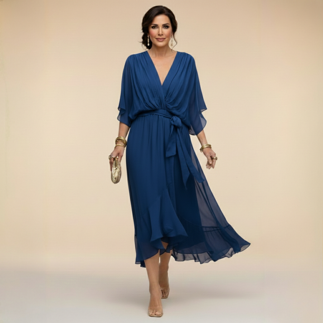 Model wearing the blue belted v-neck midi cocktail dress