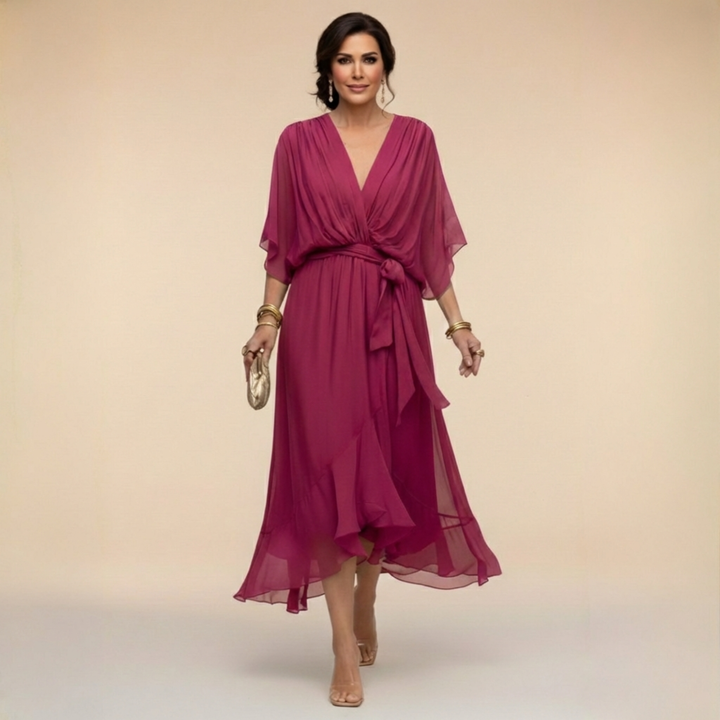 Women's V-neck midi cocktail dress with matching belt for elegant evening parties