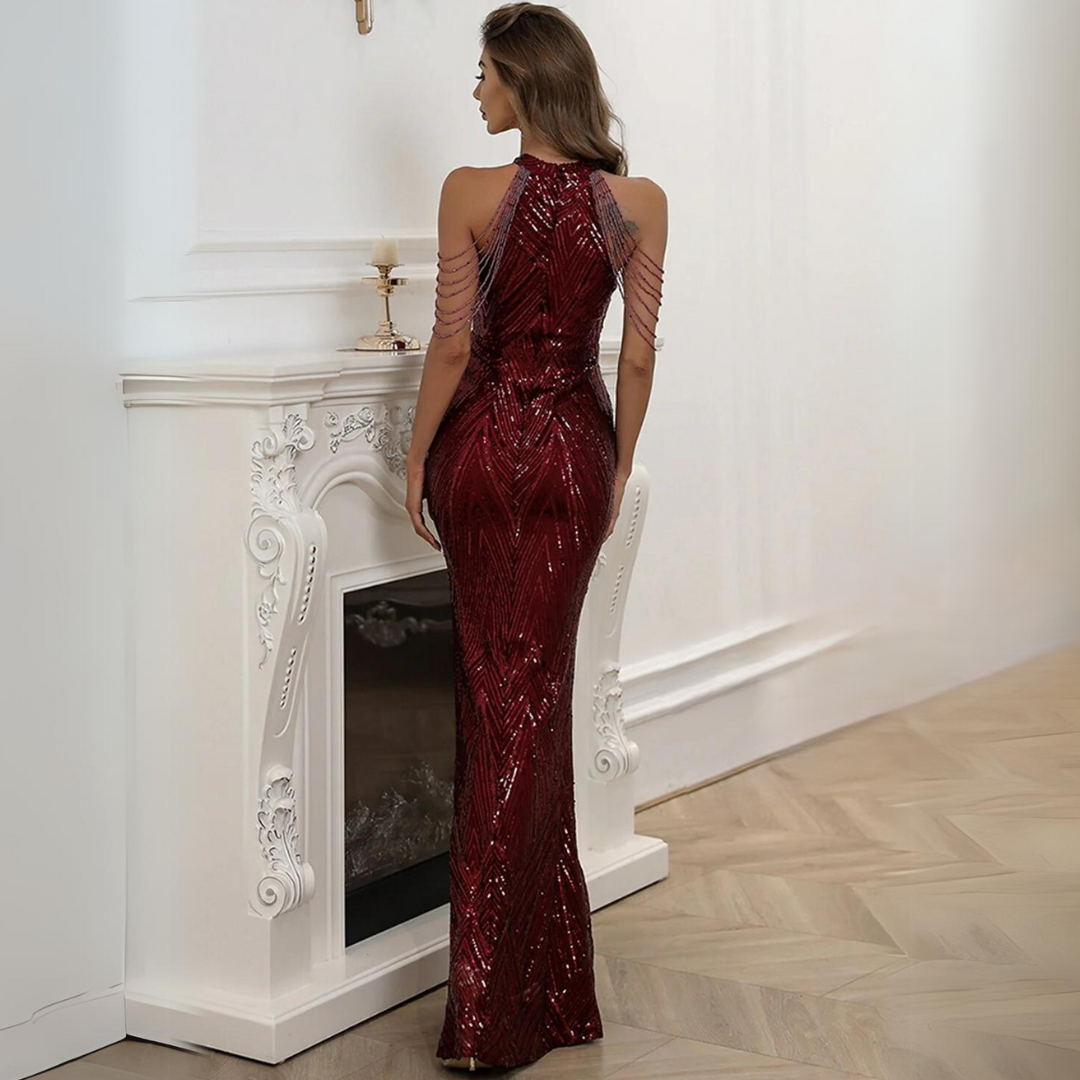 Elegant halter neckline detail on the women's formal evening ball gown.