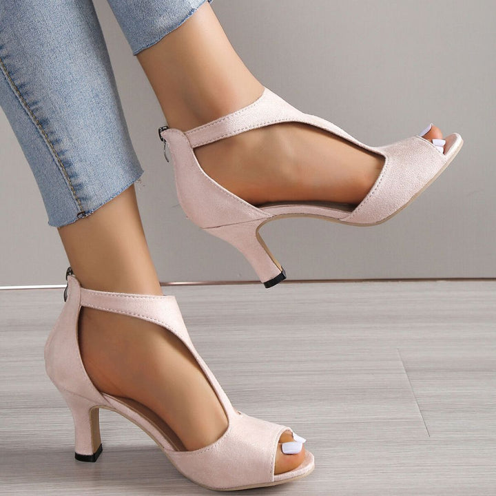 Side angle view of the Arlene open toe heeled sandals, highlighting the elegant heel and party shoe design.