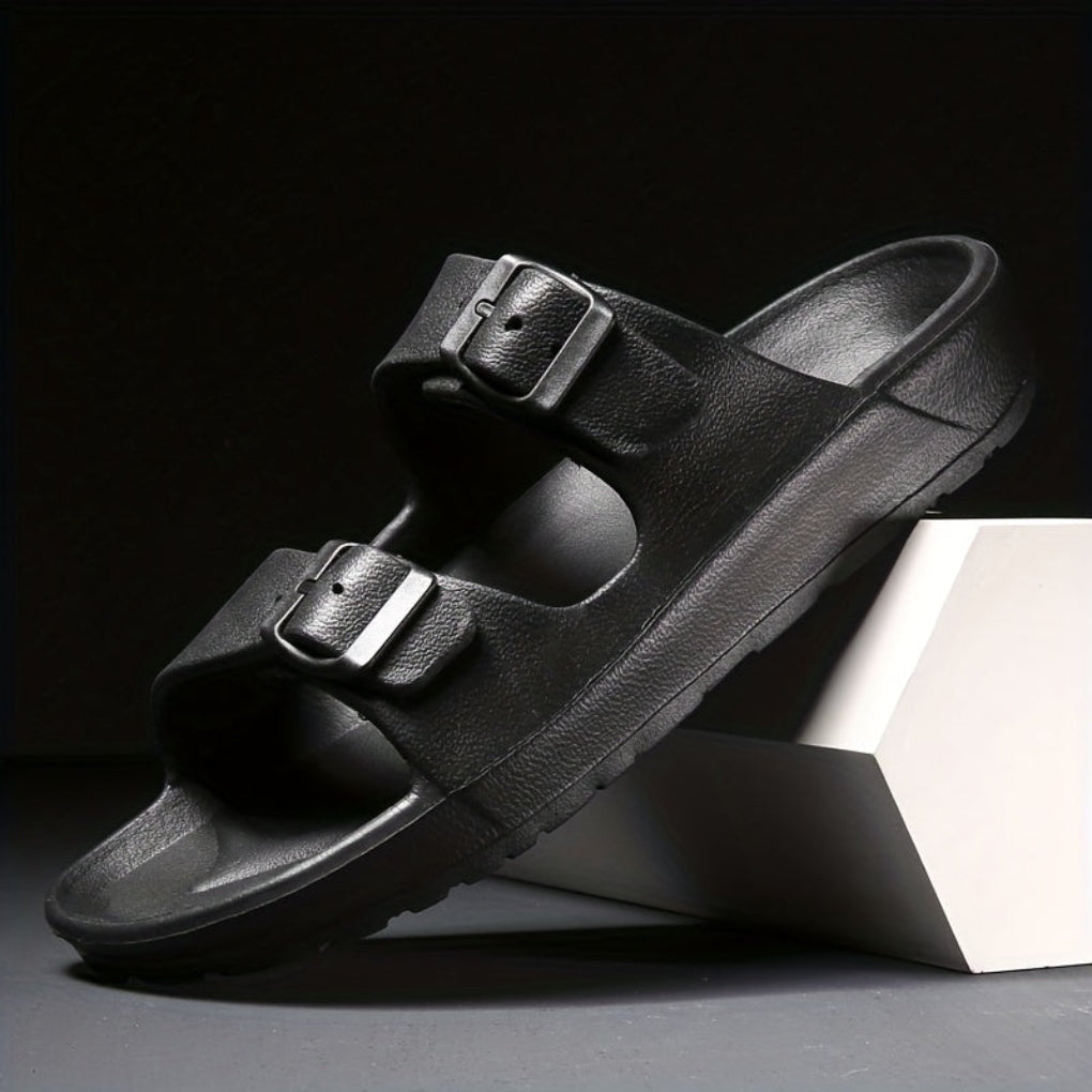 Black men's double buckle slide sandal on display block