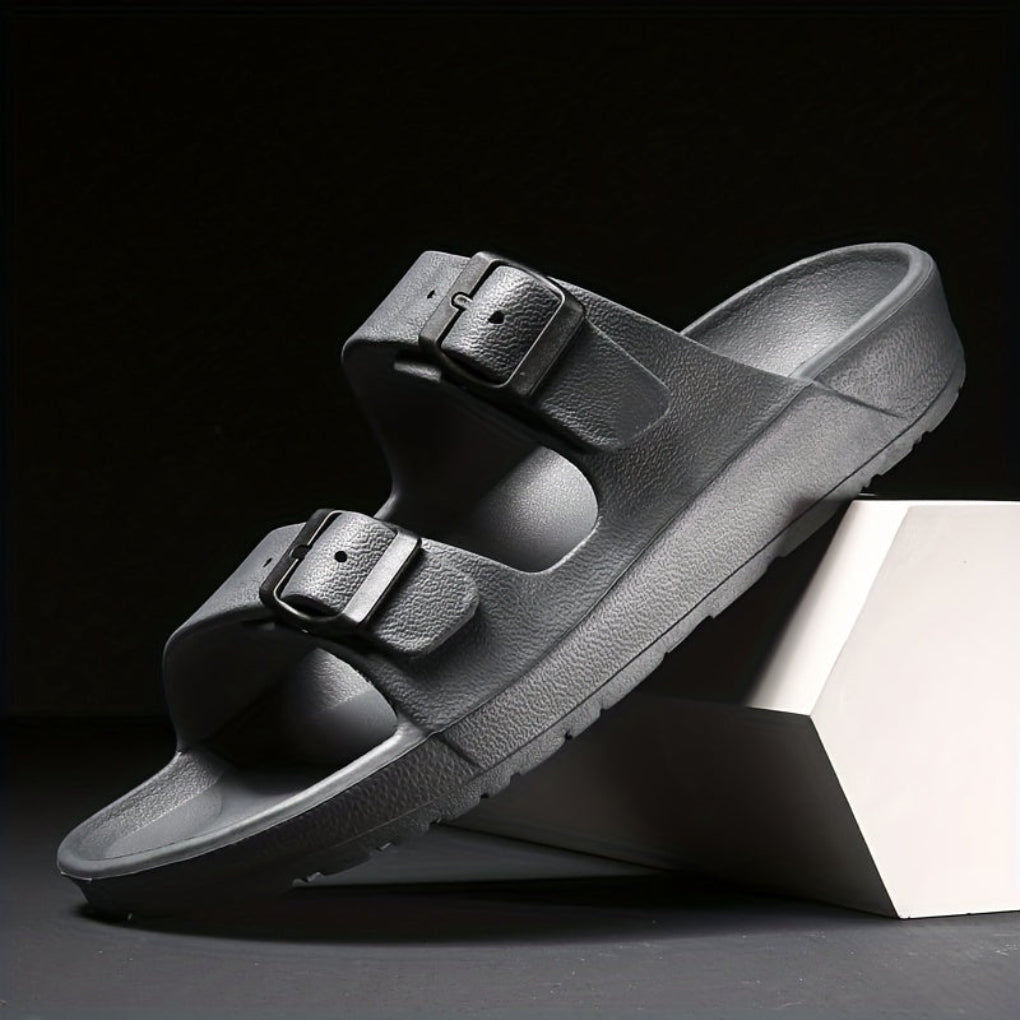 Side view of mens classic double buckle slide sandals in tan