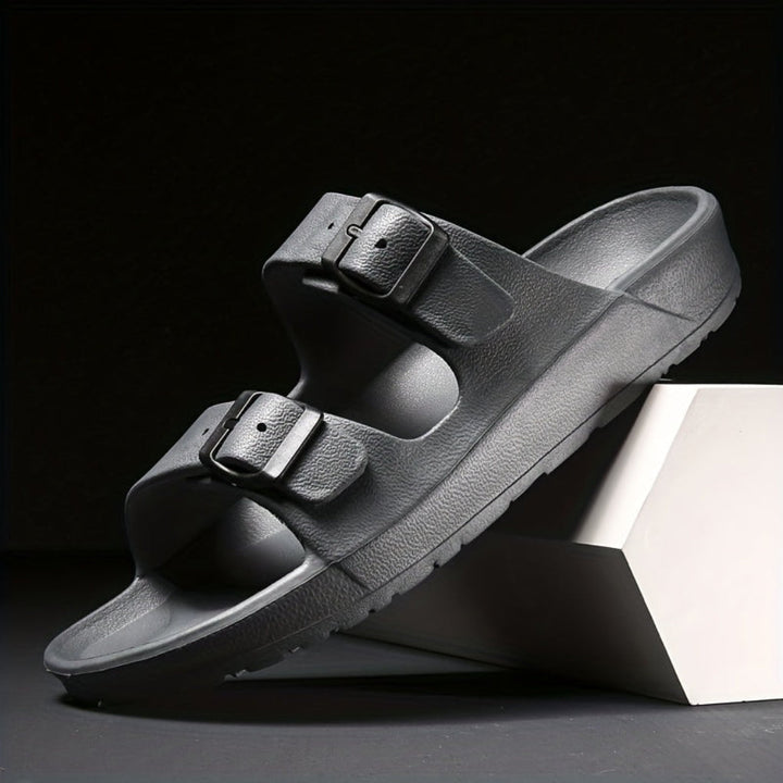 Side view of mens classic double buckle slide sandals in tan