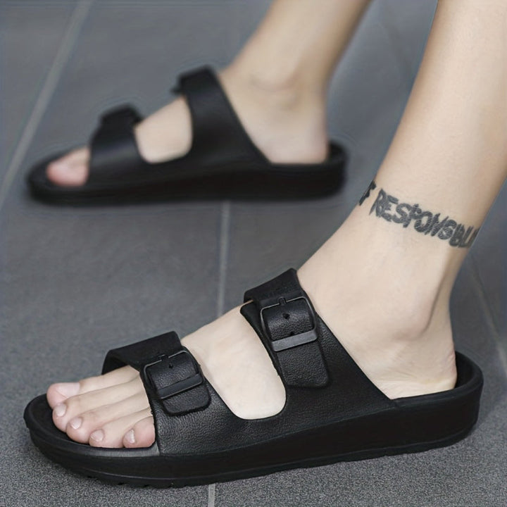 Angled shot of double buckle shoes styled for warm weather