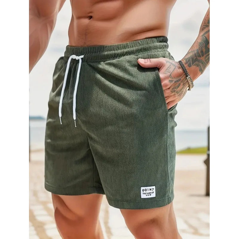 Men's casual summer drawstring shorts in beige with deep pockets