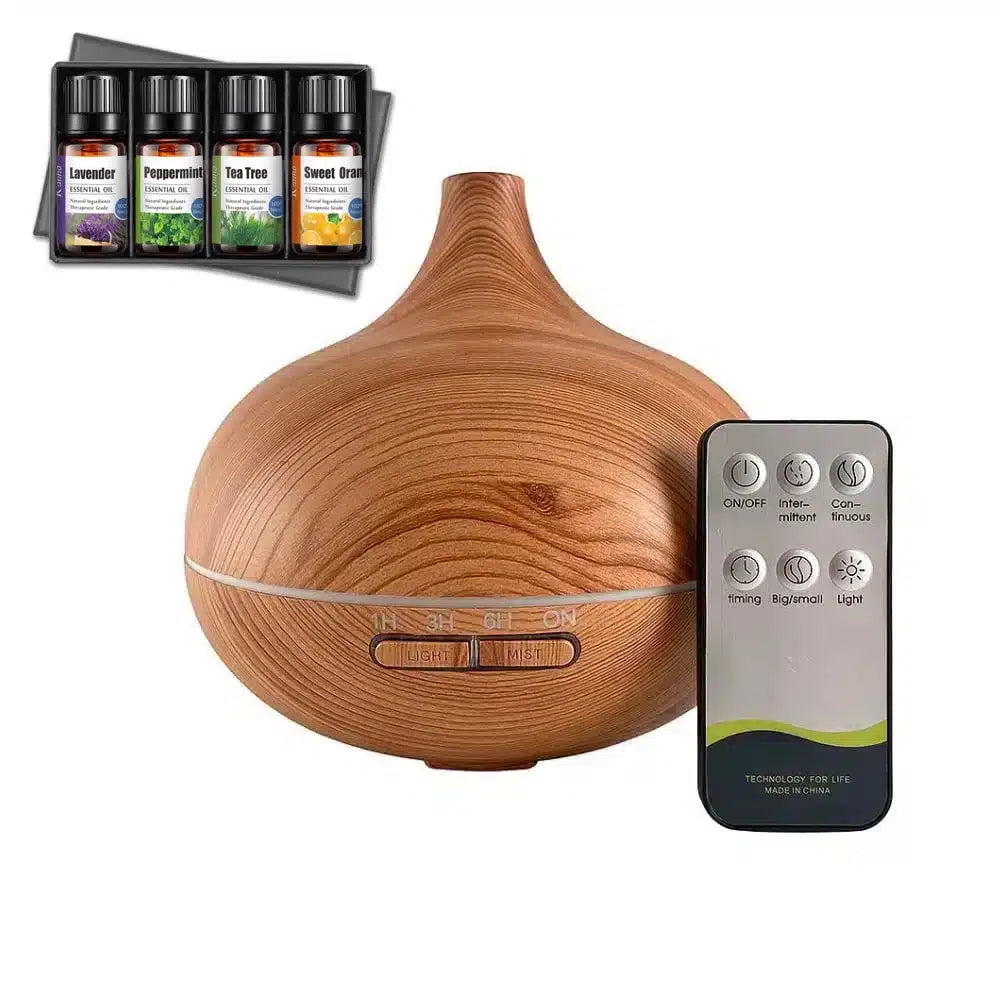 Light brown aroma diffuser displayed alongside an essential oil kit