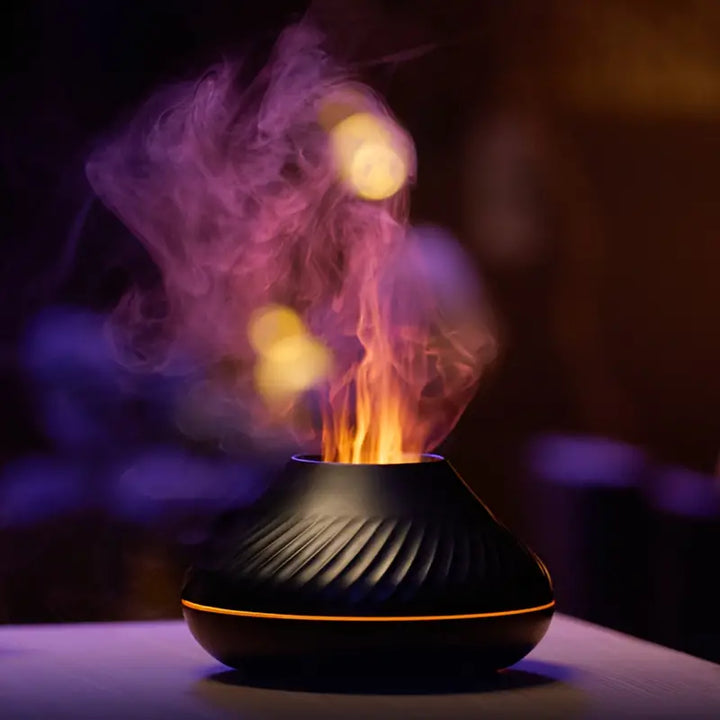 Close-up view of the LumoMist flame effect aroma diffuser highlighting modern home decor design