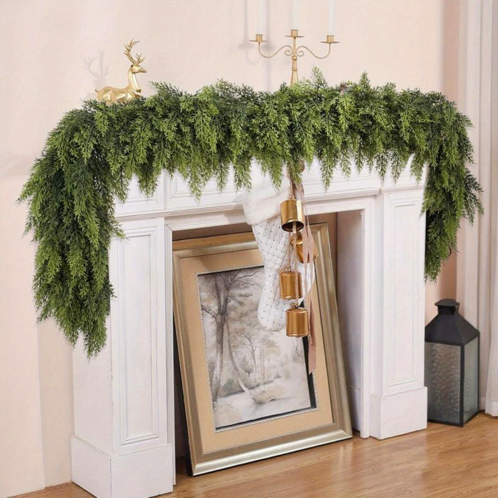 Art Deco Christmas garland draped elegantly over a white fireplace mantel