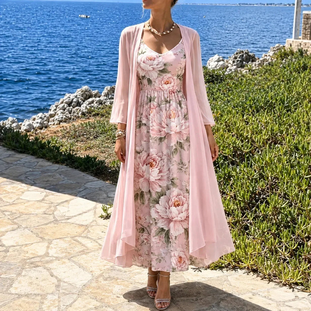 Detailed view of the fabric and floral print on the women's maxi dress set