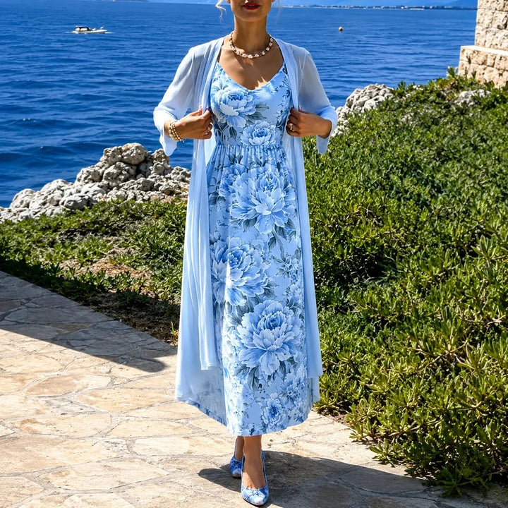 Stylish wedding guest dress ensemble featuring a matching long duster