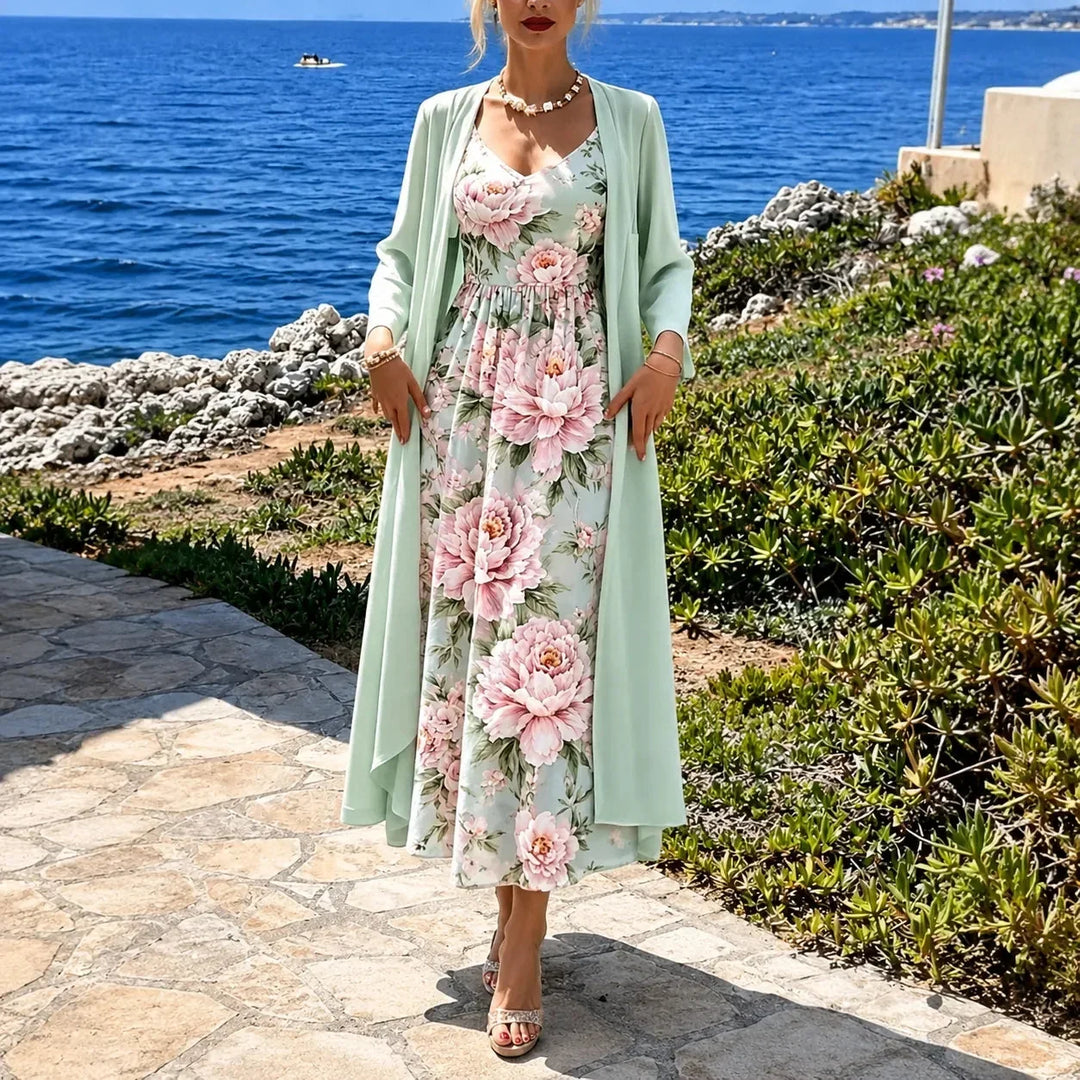Full length view of the floral maxi dress two-piece set in motion