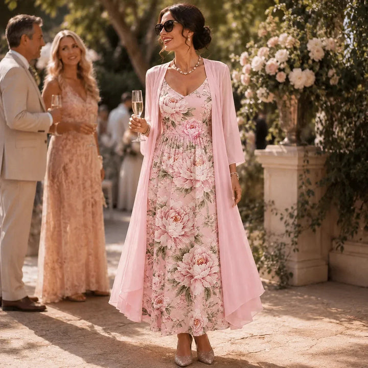 Woman in a light pink floral maxi dress and duster set attending an outdoor garden party.