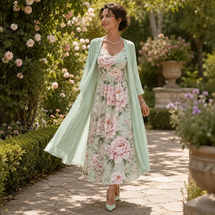 Elegant floral party dress and duster set, ideal as a wedding guest outfit