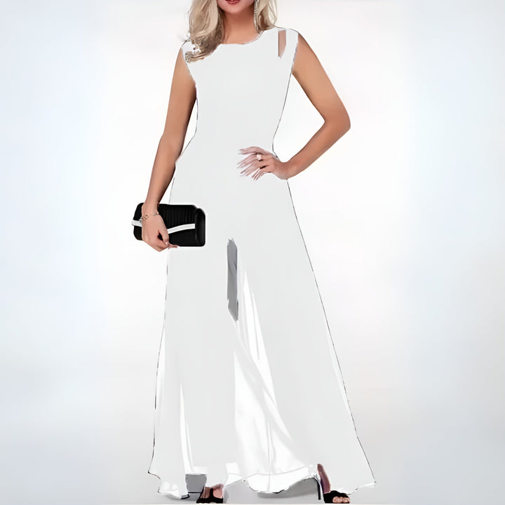 Close-up of fabric and neckline on women's chic evening party jumpsuit