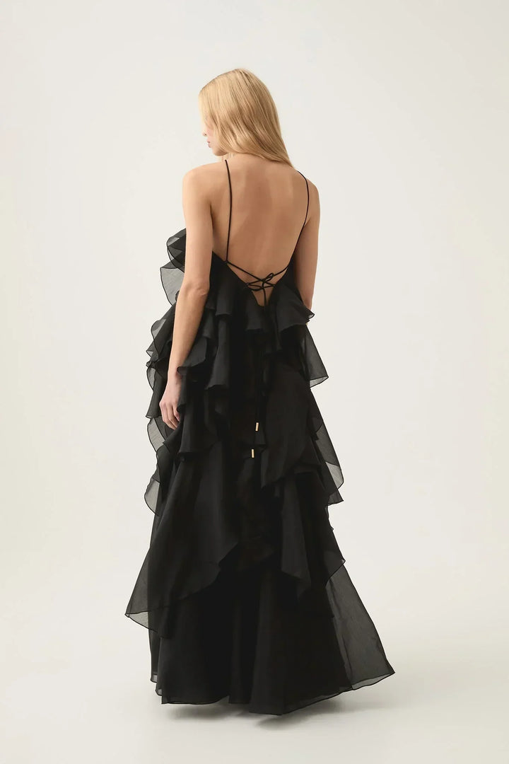 Formal gown silhouette showcasing flowing maxi dress design