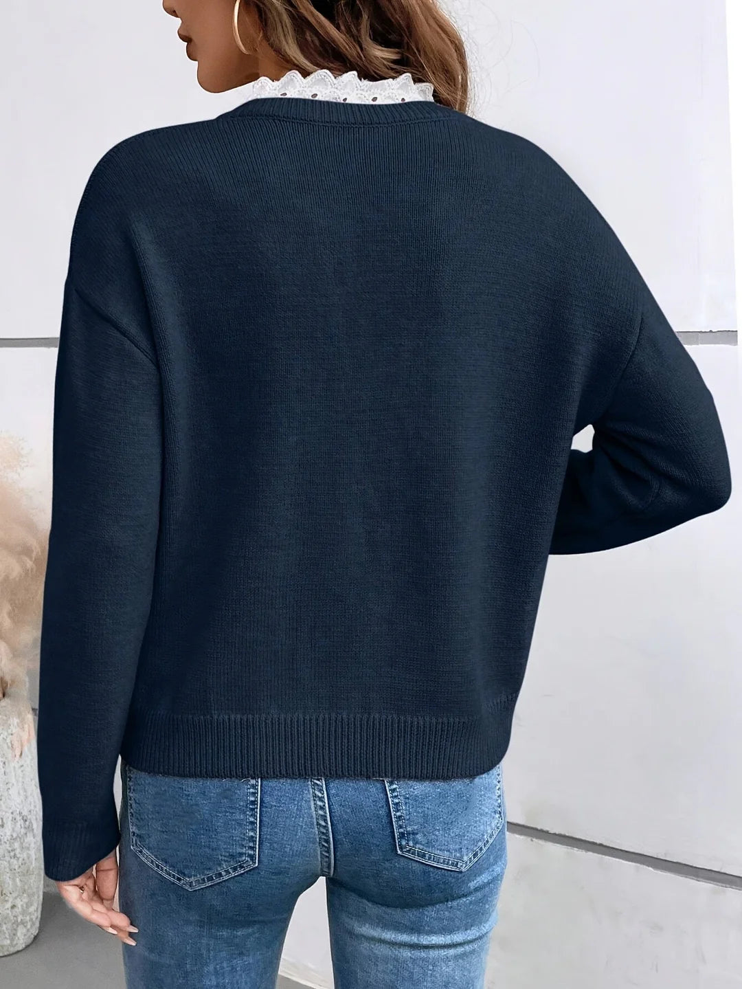 Elira | Women’s V Neck Lace Trim Knit Sweater