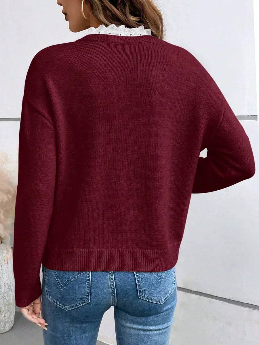 Elira | Women’s V Neck Lace Trim Knit Sweater