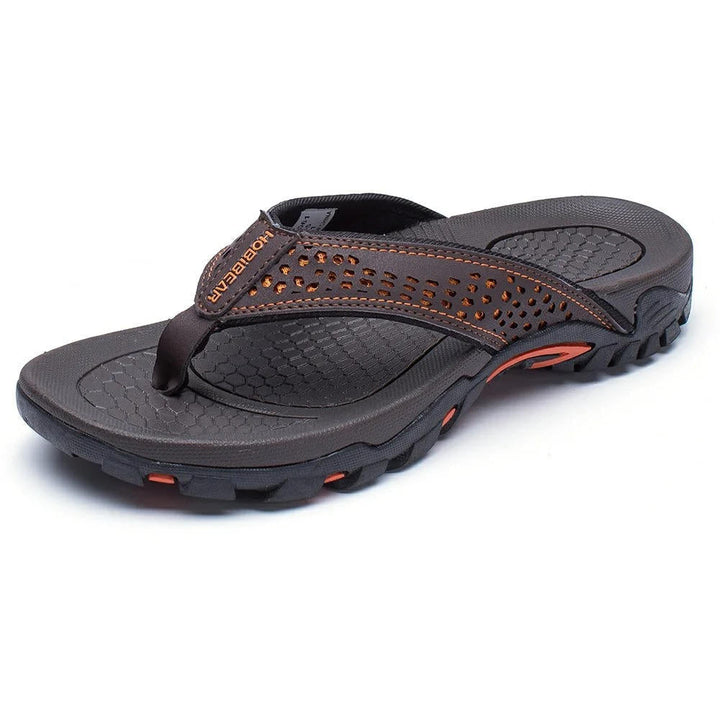 Brown men's athletic flip flops with arch support and textured footbed
