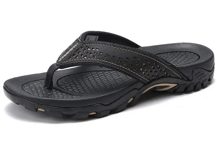 Black men's supportive sandals with rugged nonslip outsole