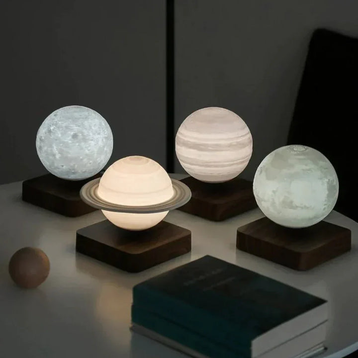 Floating moon lamp levitating above a wooden base for ambient bedroom lighting