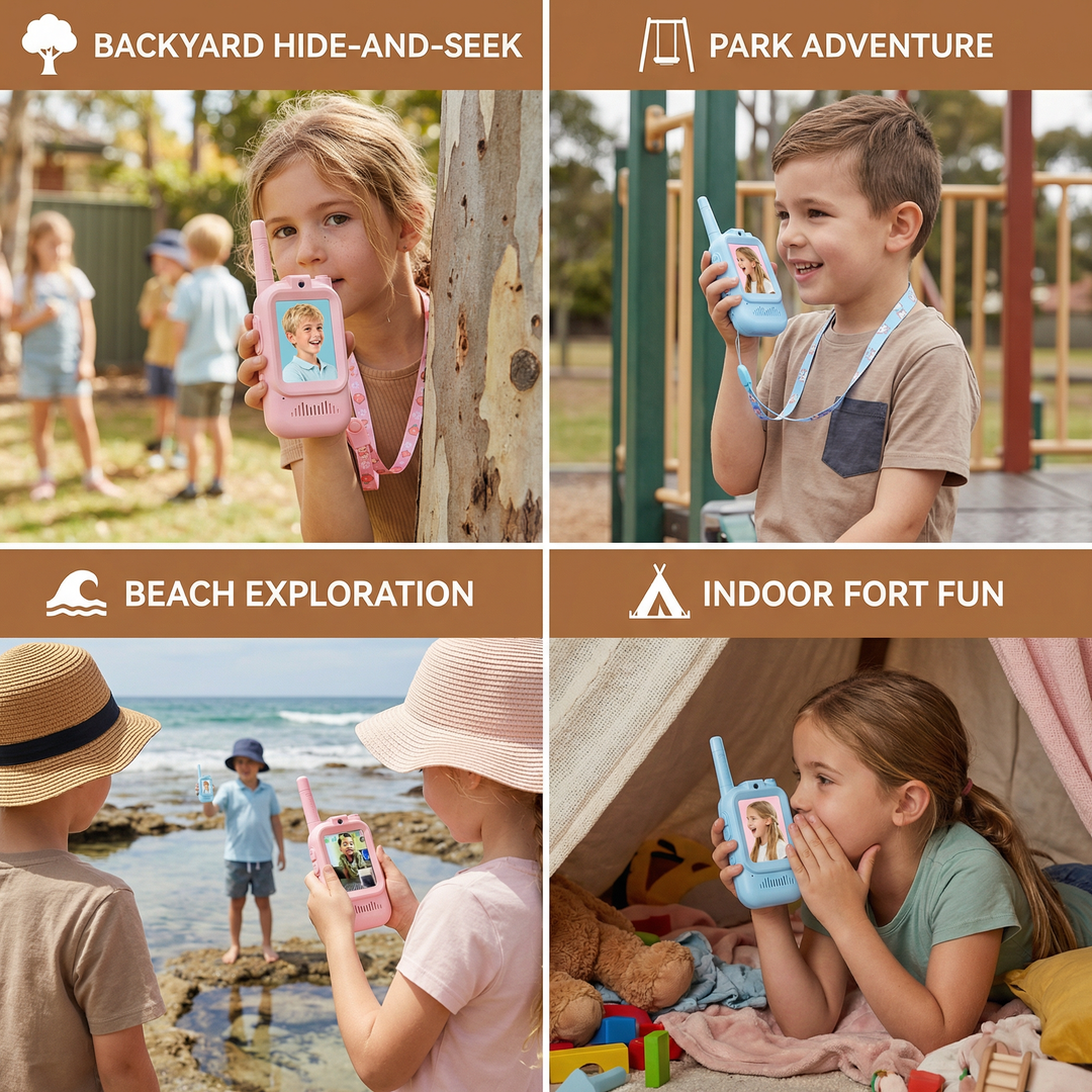 Collage showing kids using video walkie-talkies in various adventure scenarios
