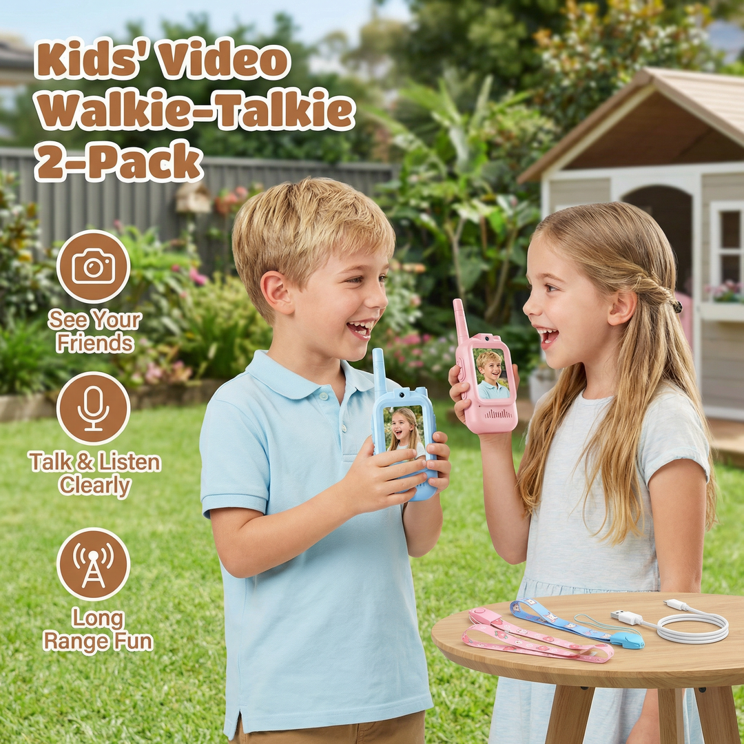 Kids video walkie talkie set with interactive screen and built-in camera