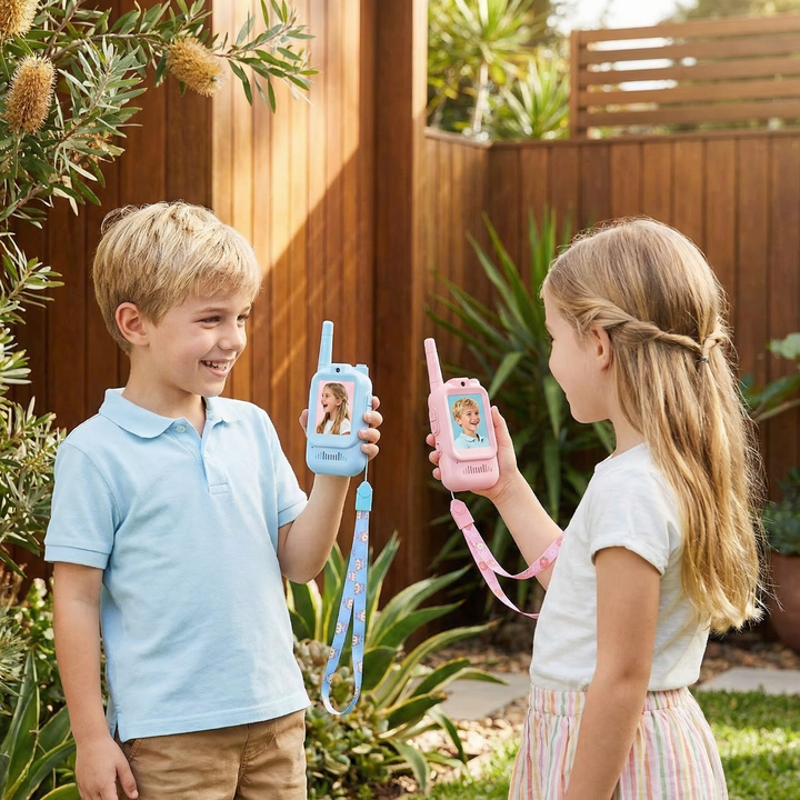 Two children playing outdoors and showing their video walkie-talkies with live screens