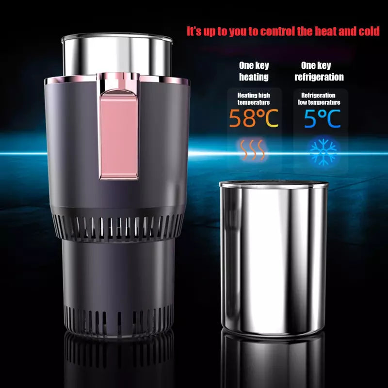 Smart 2-in-1 car cup showing heating mode with glowing indicator for travel mug and beverage warmer