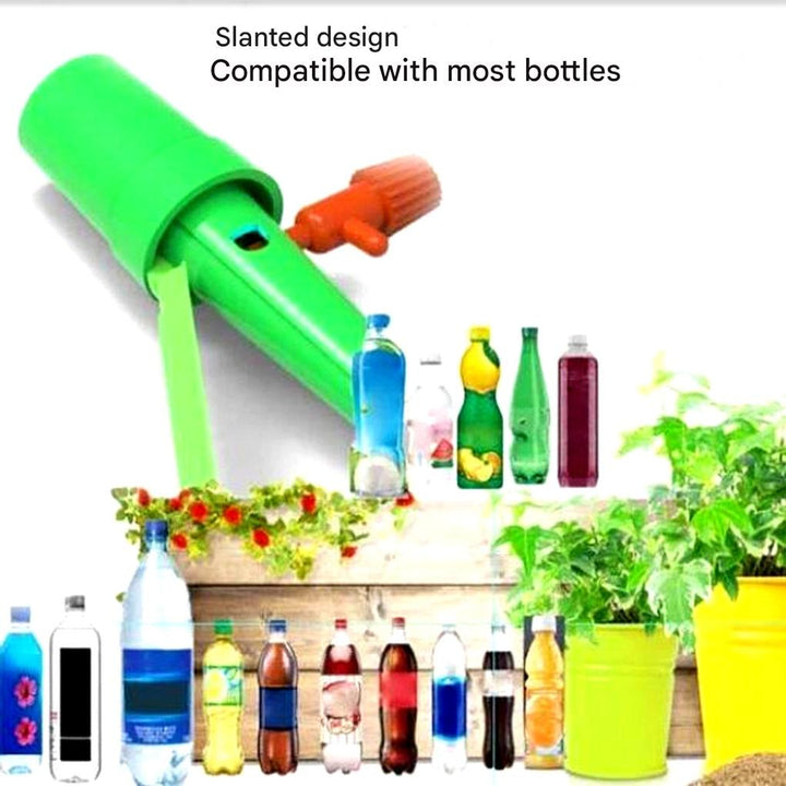 Green automatic plant watering spike demonstrating slanted design and bottle compatibility
