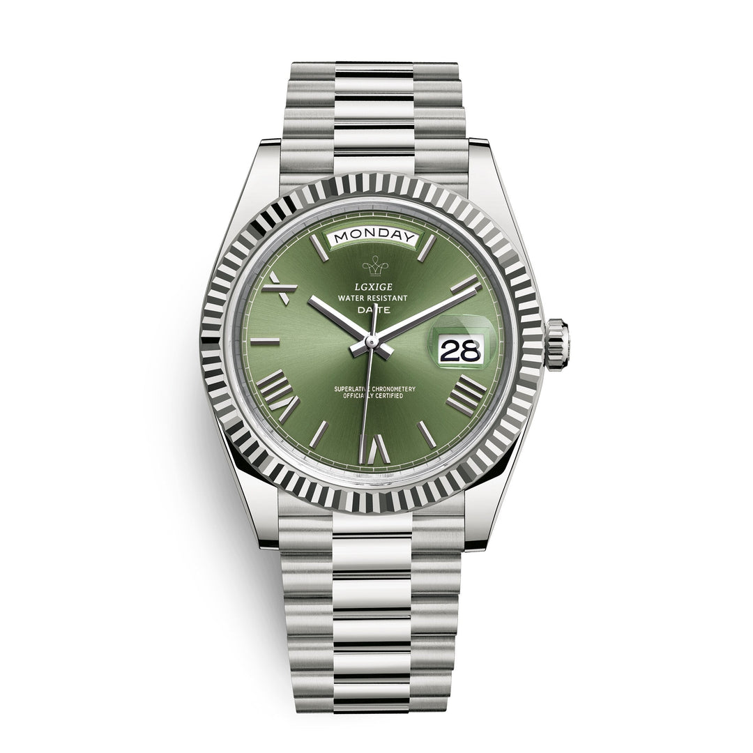 Luxury stainless steel watch angled to highlight polished bezel