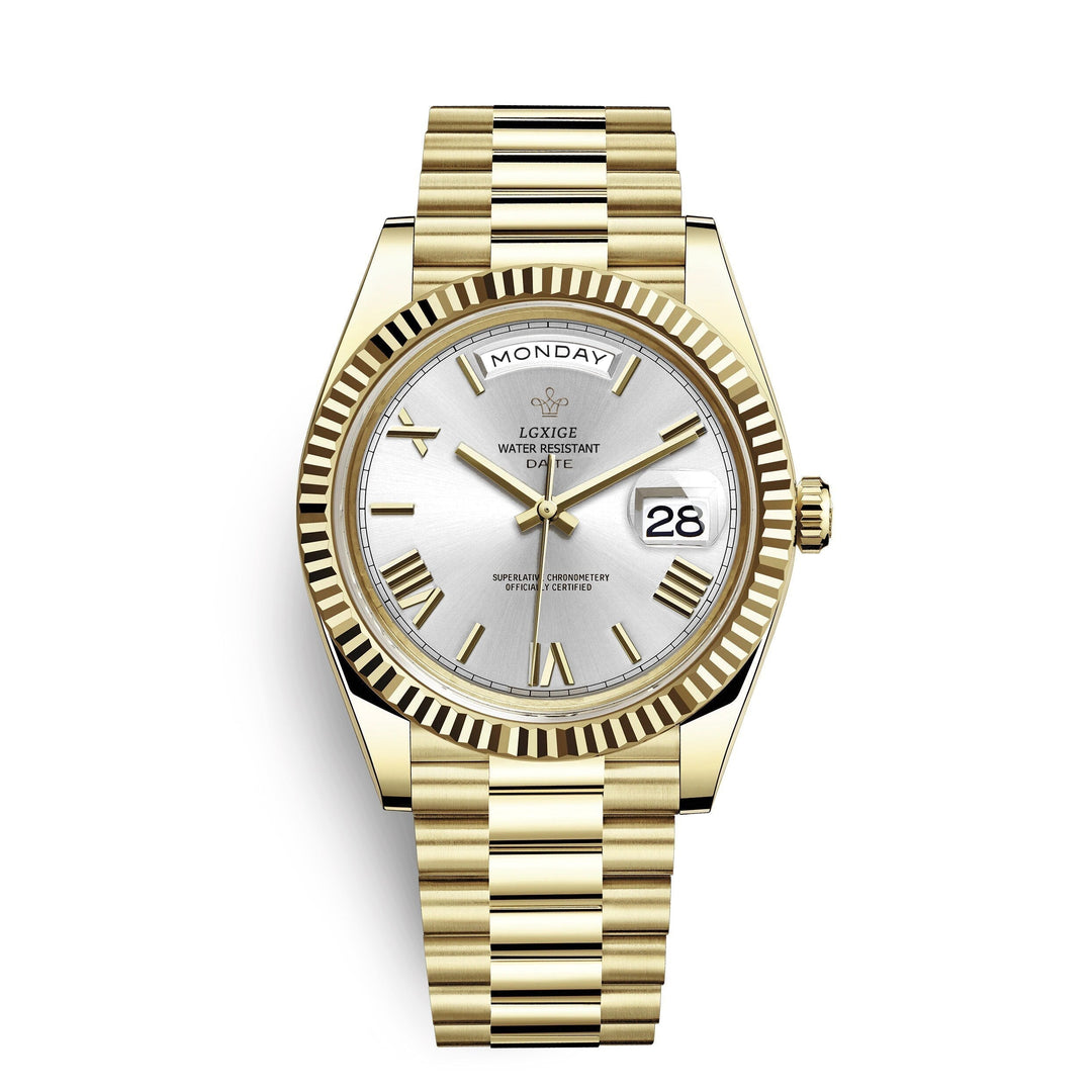 Complete mens automatic watch presented with day date complications