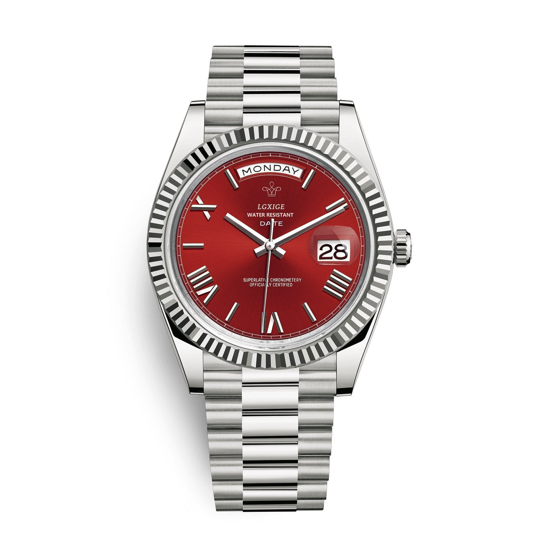 Side profile of stainless steel watch displaying crown and case detail