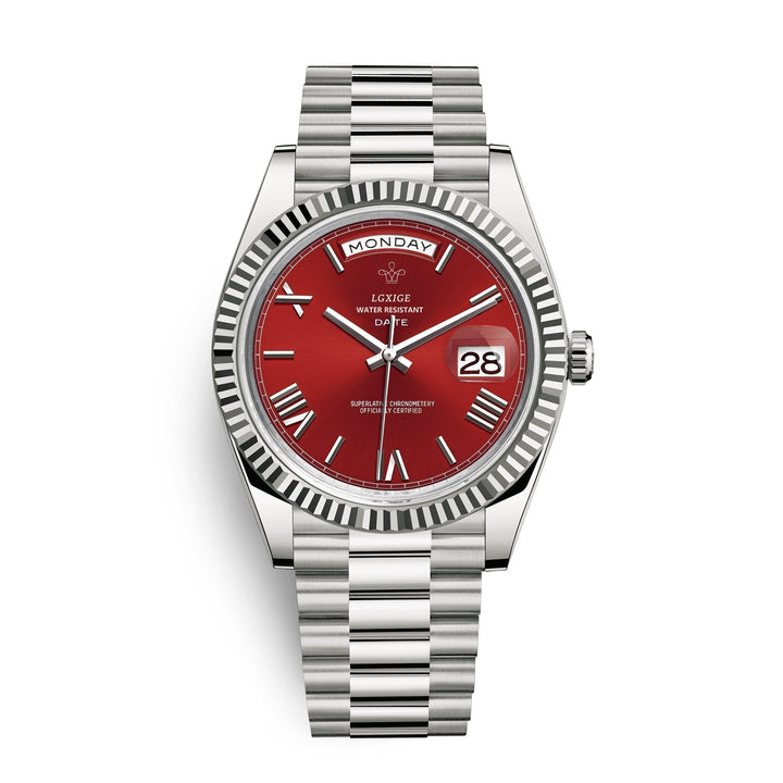 Side profile of stainless steel watch displaying crown and case detail