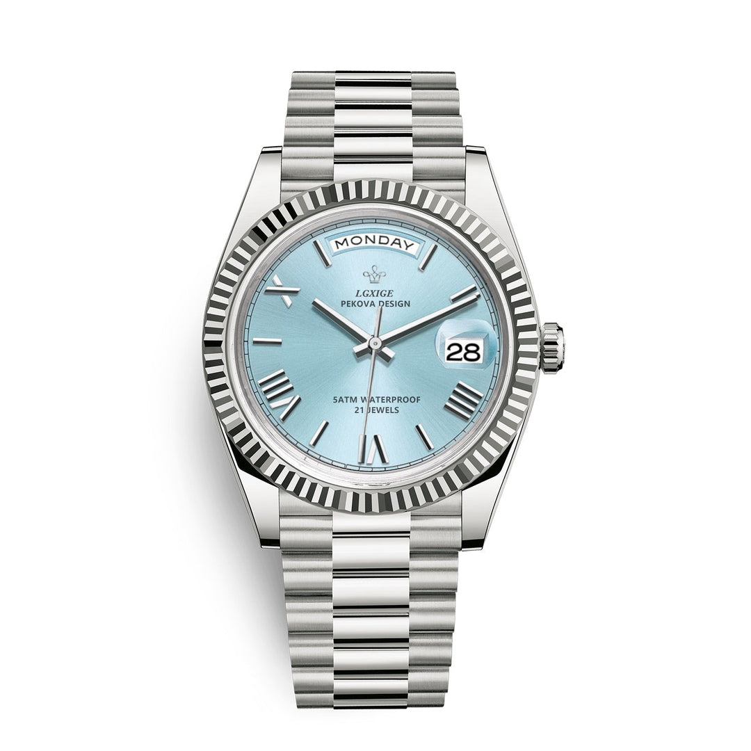Men's automatic watch with sky blue dial and stainless steel bracelet