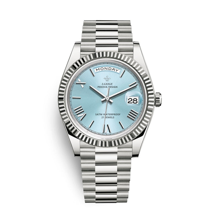 Men's automatic watch with sky blue dial and stainless steel bracelet