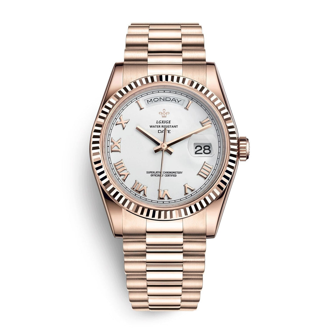Men's automatic watch with pink gold case and white dial