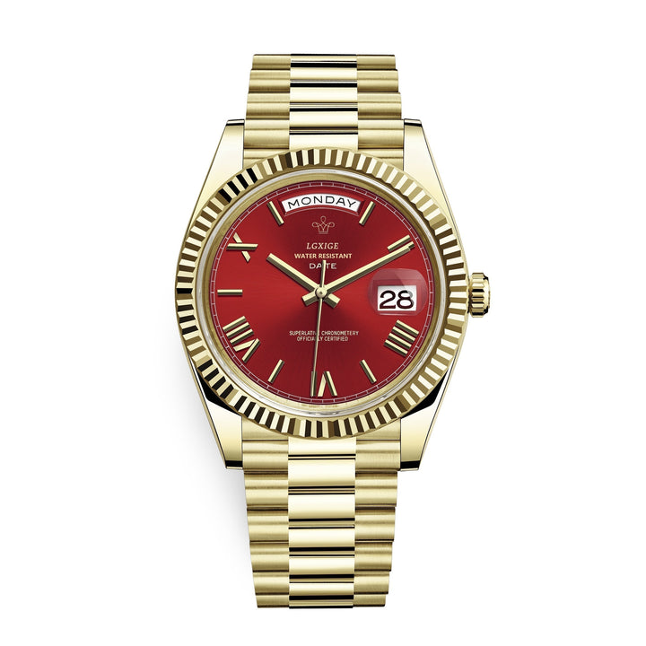 Men's automatic stainless steel watch showing day and date function