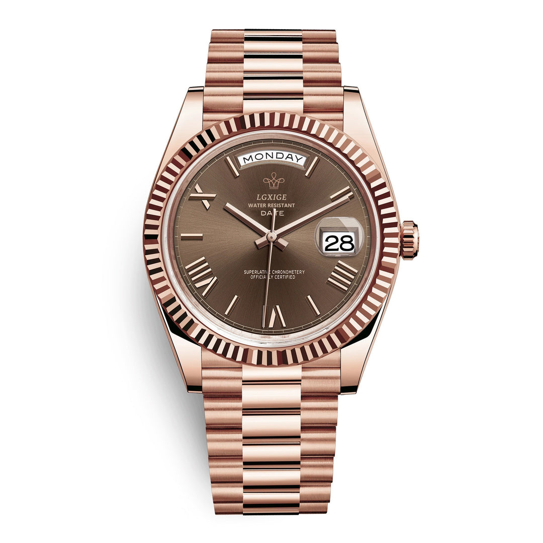 Men's automatic watch with brown dial and rose gold tone case