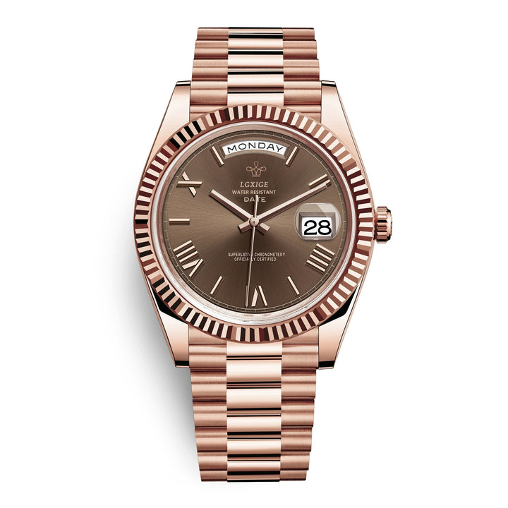 Men's automatic watch with brown dial and rose gold tone case