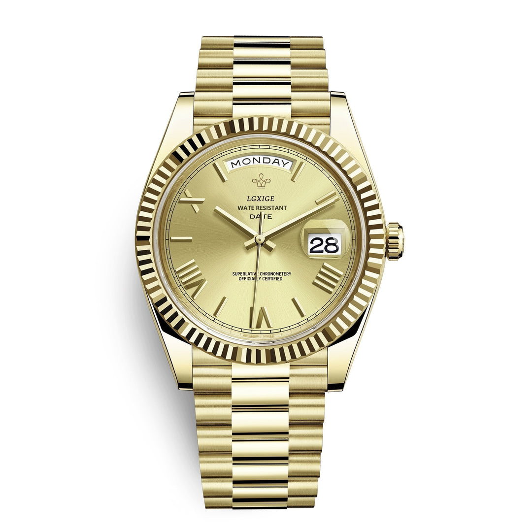 Close-up of mens watch dial featuring automatic movement and calendar