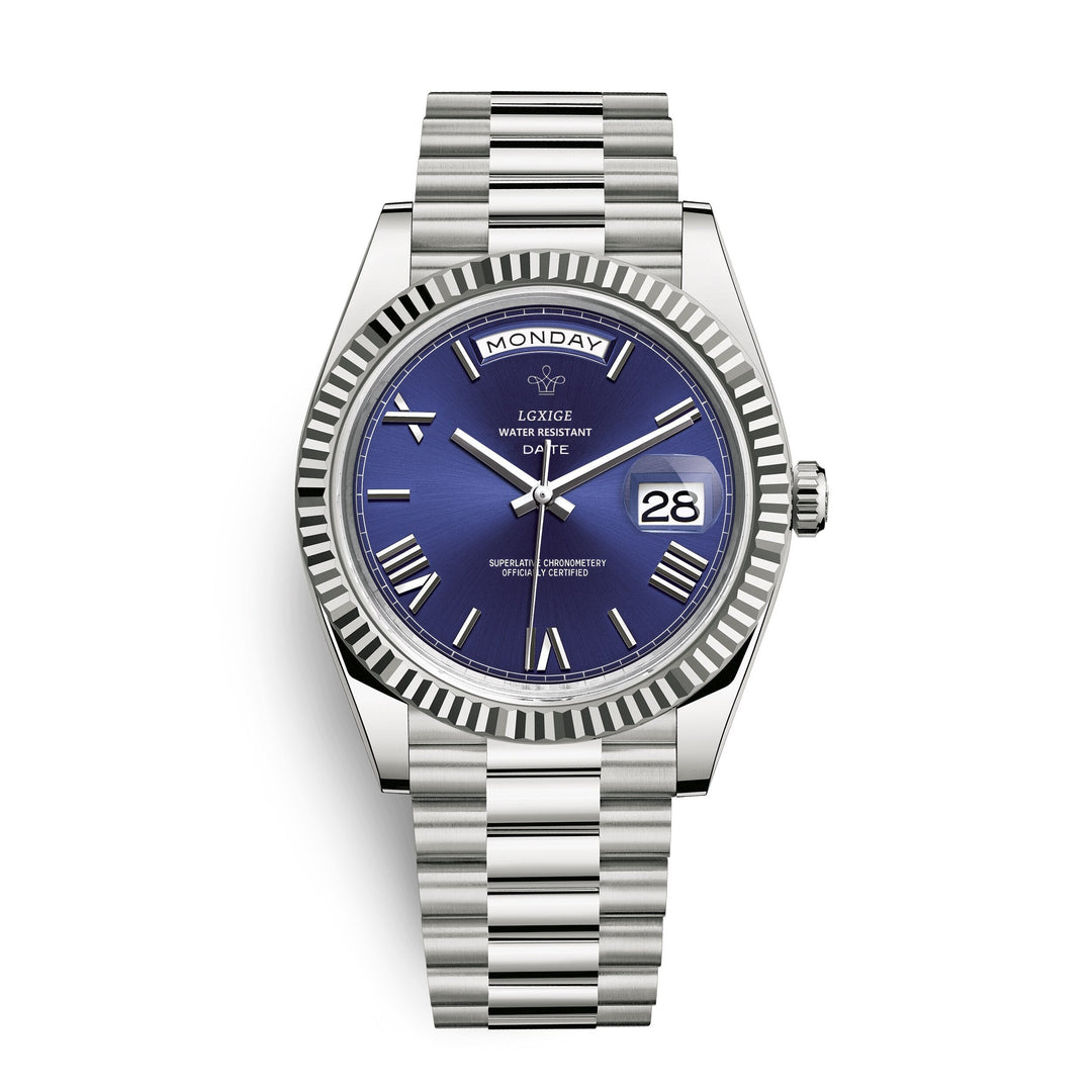 Detailed view of day date watch clasp and metal bracelet link
