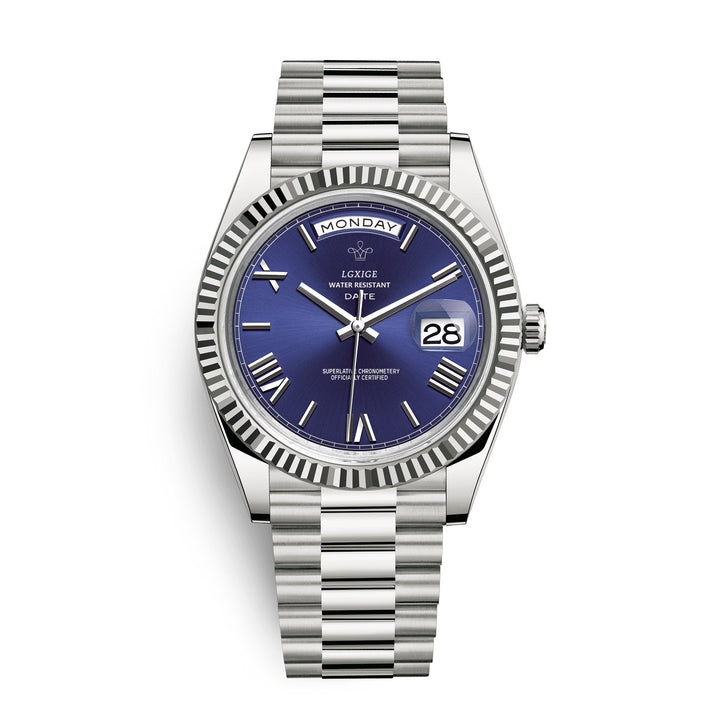 Detailed view of day date watch clasp and metal bracelet link