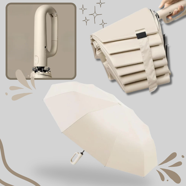 Compact rain gear umbrella resting inside its matching storage sleeve