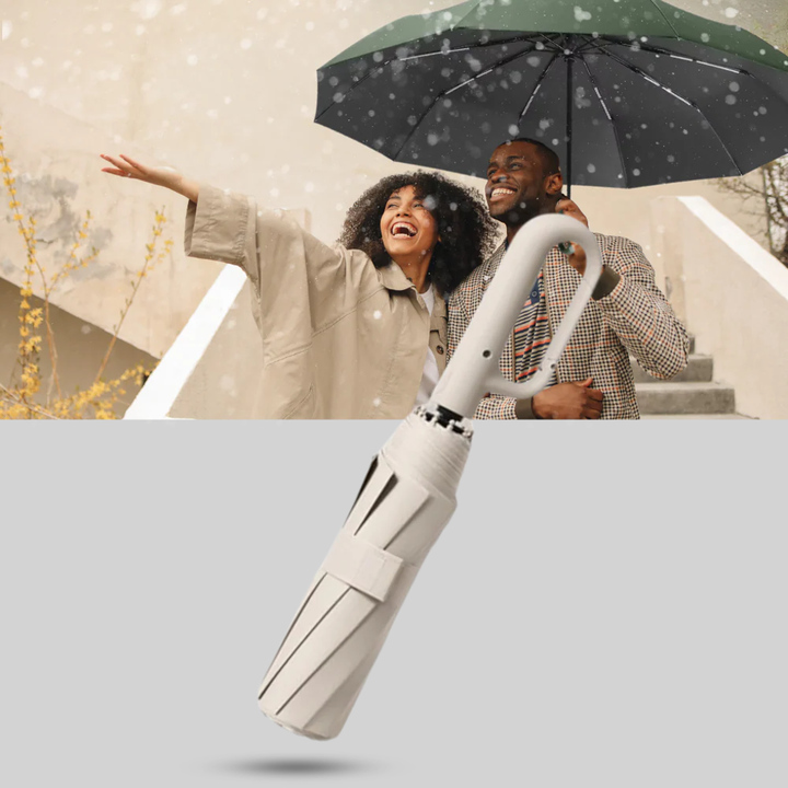 Top-down view of black foldable umbrella canopy open wide