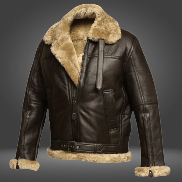 Front view of brown men's aviator jacket with plush lining