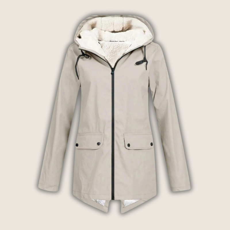 Womens Liora waterproof rain jacket showing back view and adjustable hem