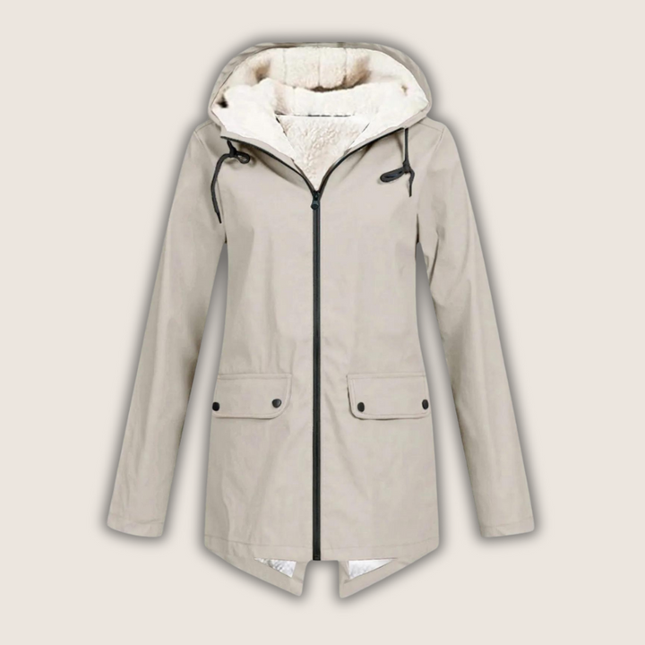 Womens Liora waterproof rain jacket showing back view and adjustable hem