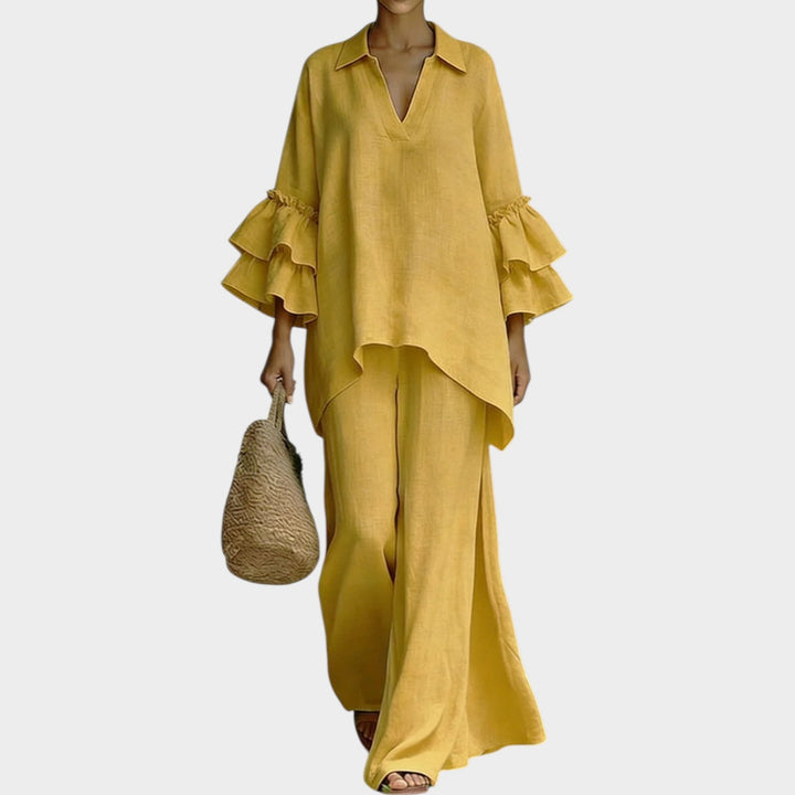 Womens ruffle sleeve top and wide leg pants two piece matching set in summer style