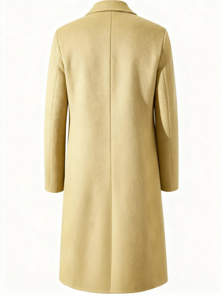 Full-length view of the men's outerwear worn open for a relaxed everyday look.